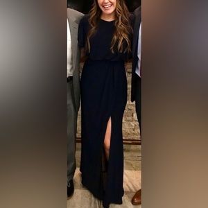BHLDN floor length navy dress with high slit